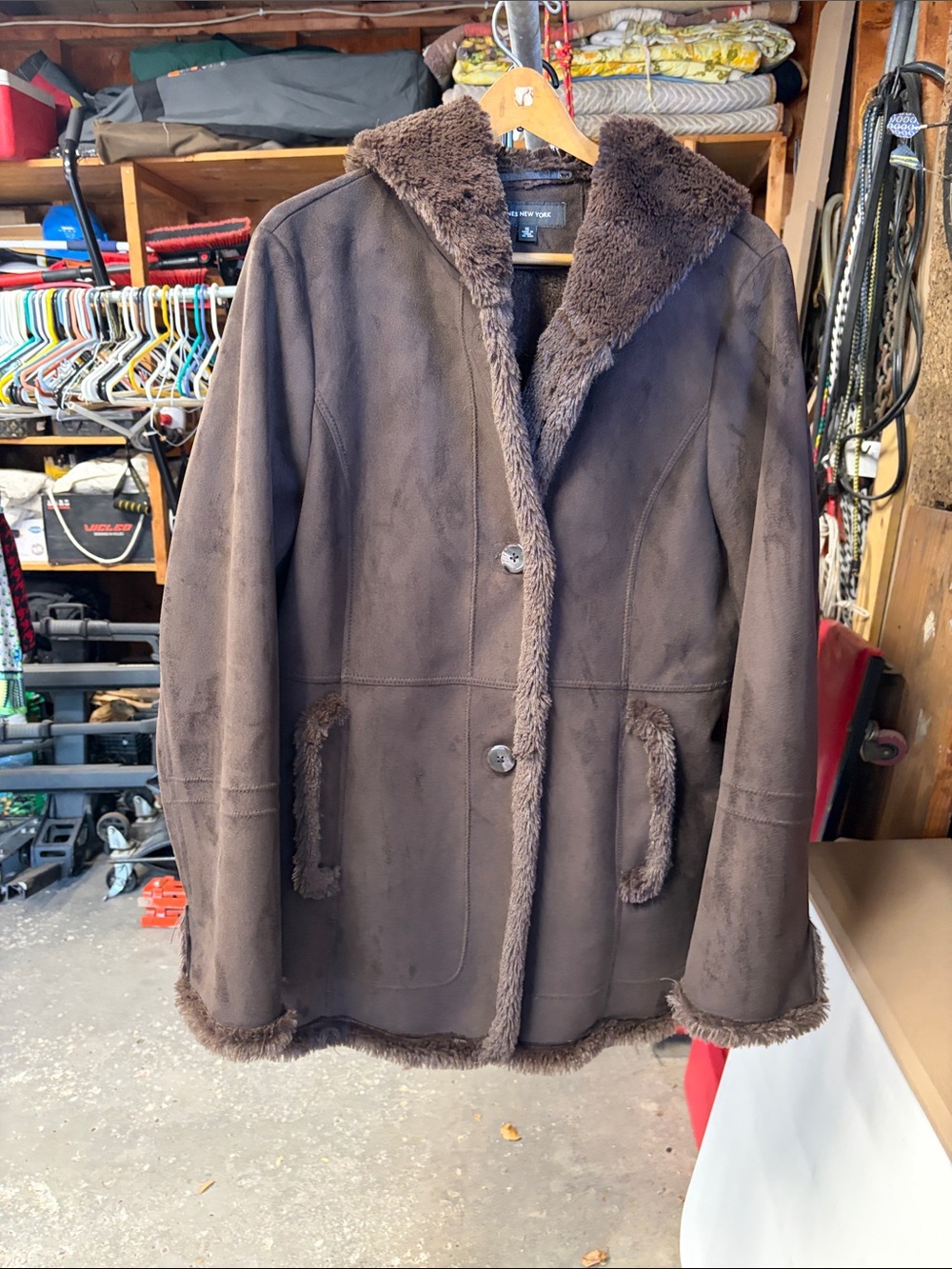 Jones New York Brown Faux Shearling-Trim Pea Coat